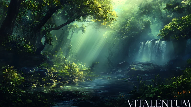 Misty Forest Waterfall with Ancient Trees and Stream