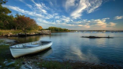 Coastal Harbor Dawn: Moored Rowboat with Sailboats and Autumn Shoreline
