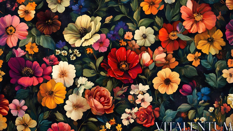 Vibrant Floral Abundance Blooms Against Dark Garden Canvas