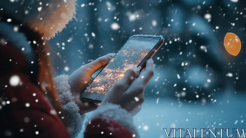 Snow covered hands holding smartphone in cold evening.