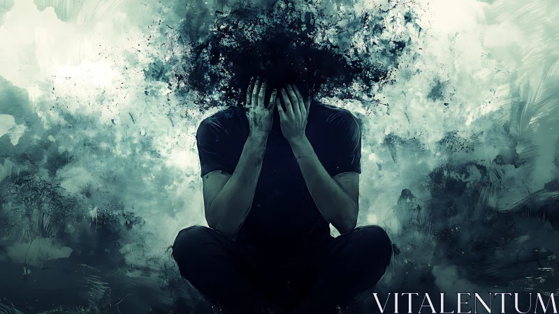 Digital painting depicts dissolving head symbolizing anguish.