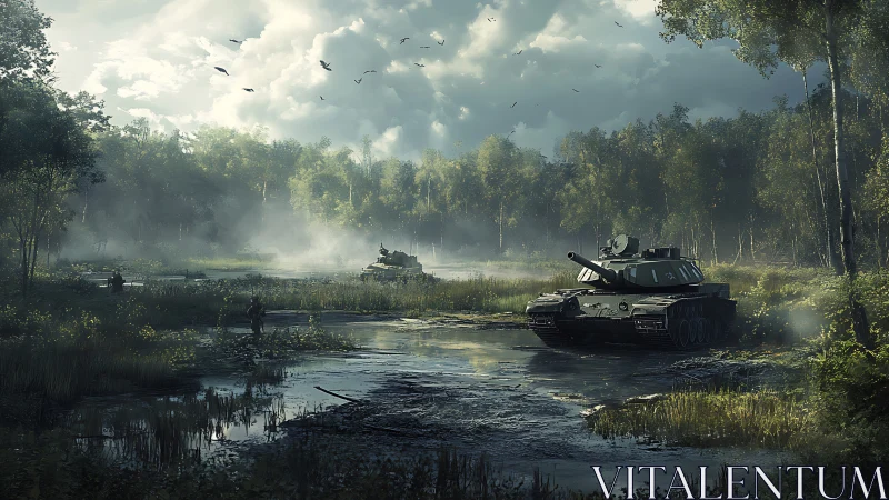 Armored tanks advance through misty swamp forest at dawn