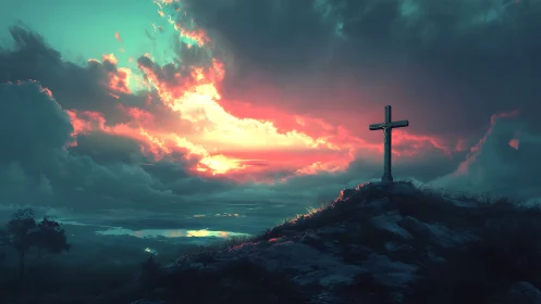 Solitary hillside cross under vivid storm-lit sunset sky.