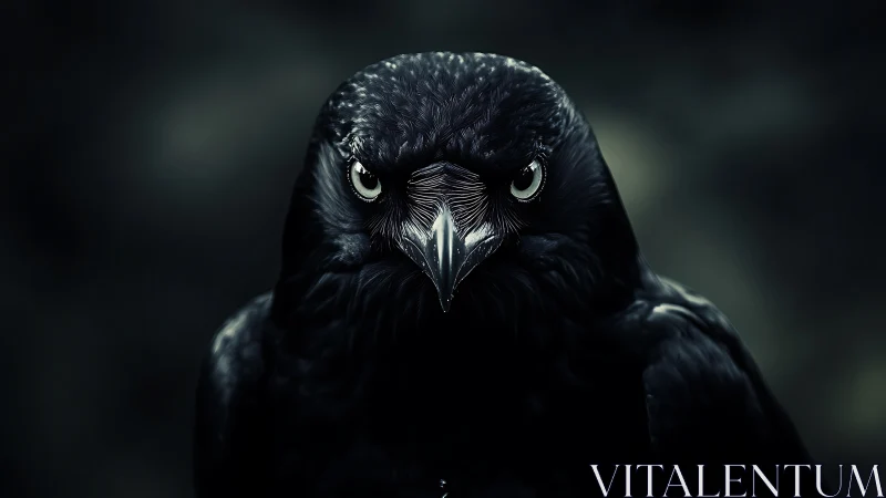 Intense close-up of a raven with dramatic dark background.