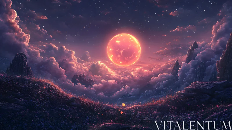 Luminous red moon above clouded valley and rocky slopes.