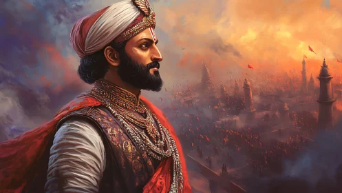 Regal maratha commander in jeweled armor above fortified city