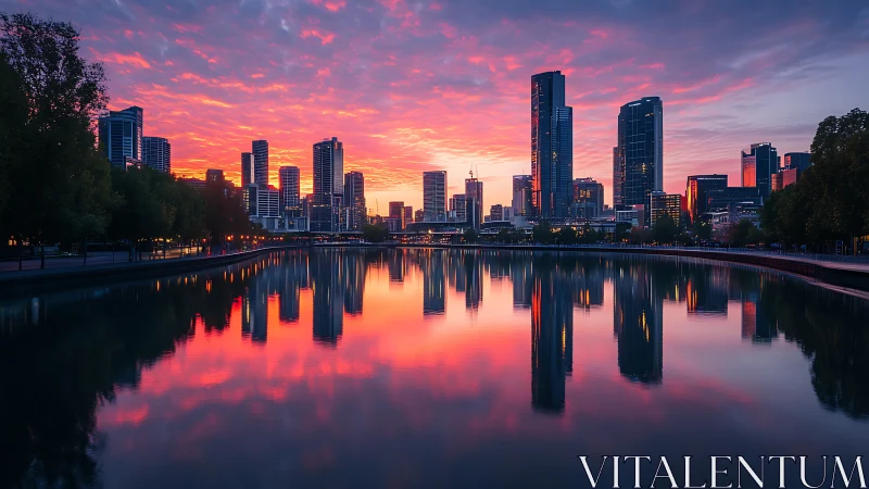 Panoramic riverfront skyline at vivid civil-twilight sunrise