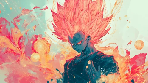 Fiery anime warrior channels cosmic power in swirling flames.