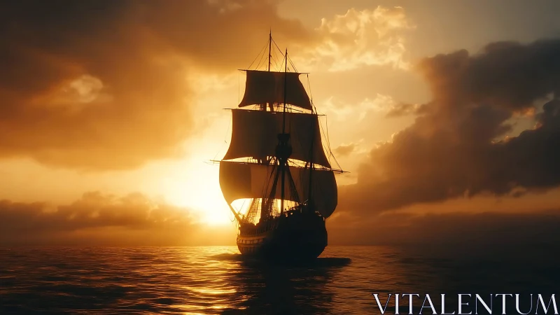 Tall ship silhouette under cinematic golden sunset sky.