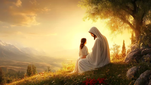 Figure in white robes sits with child on sunlit hillside