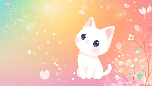 White cat illustration with gradient pastel background and decorative florals