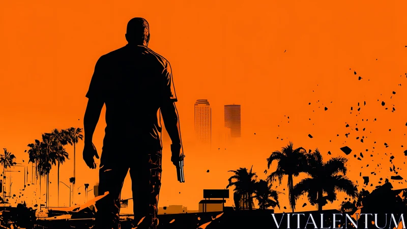 Silhouetted gunman dominates neon-orange urban skyline
