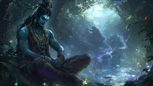 Blue-skinned meditative deity in luminous forest stream