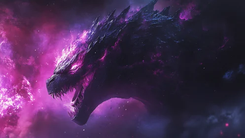 Cosmic kaiju profile engulfed in violet nebular energy.