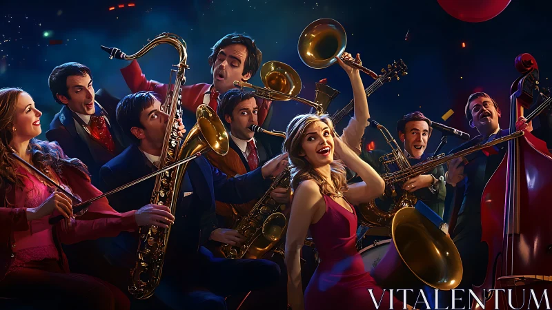 Big band jazz ensemble bursts with brass energy