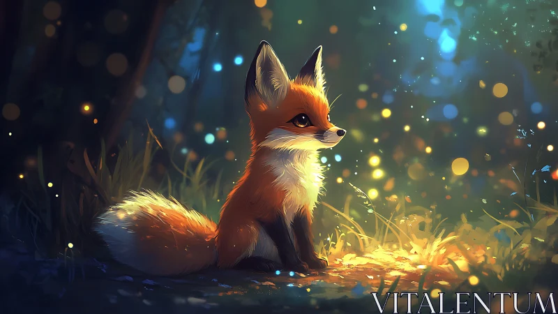 Young fox glows softly amid enchanted forest fireflies