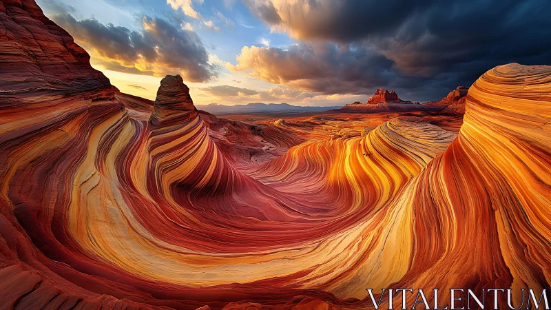 Layered sandstone formations are lit by low-angle sunset light
