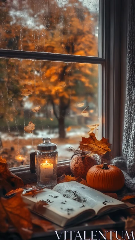 Autumn still life by rainy window captures warm candlelit ambiance