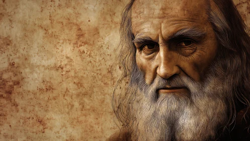 Weathered elder’s intense gaze emerges from aged parchment