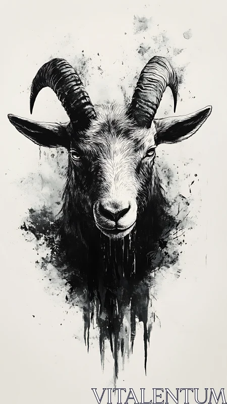 Black ink goat portrait with dripping splatter edges.
