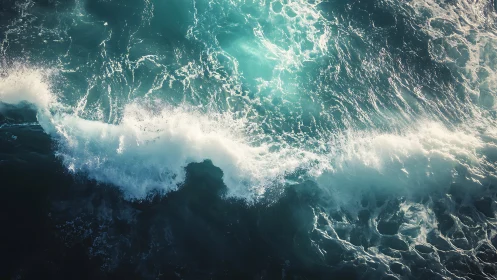 Sunlit turquoise ocean wave crashes over dark deep water