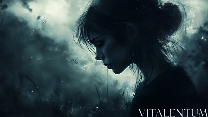 Melancholic female profile in moody digital portrait.
