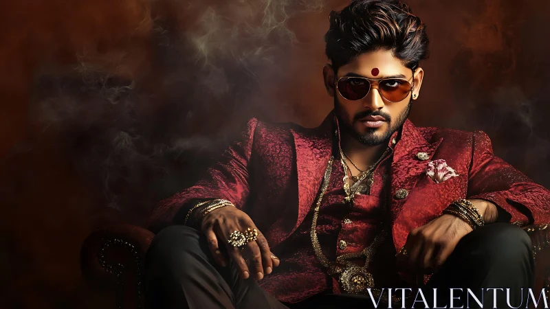 Regal man in red suit with jewelry against smoky backdrop.
