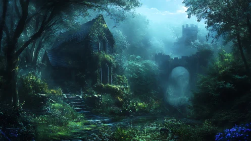Mystic ivy-clad cottage and ruined fortress in teal haze.