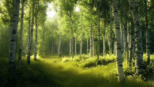 Luminous Birch Forest with Diffused Sunlight Through Canopy