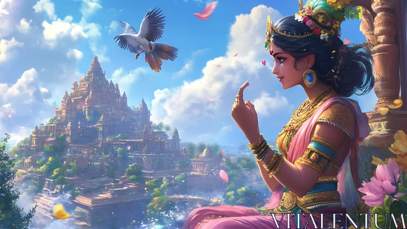 Princess sits by ornate temple city under bright sky