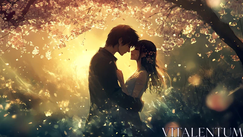 Romantic anime couple under glowing cherry blossoms.