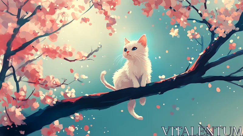 White cat on blooming tree branch under soft spring light.
