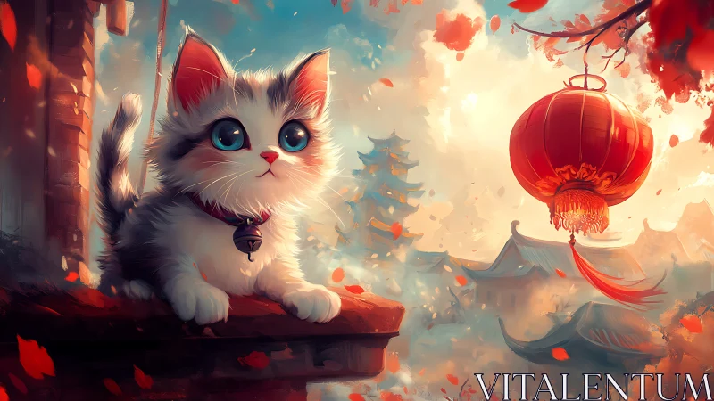 Curious Kitten in a Red Lantern Garden.