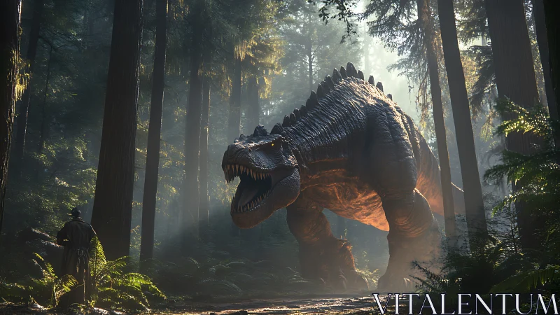 Gigantic spiked dinosaur confronting lone figure in misty forest