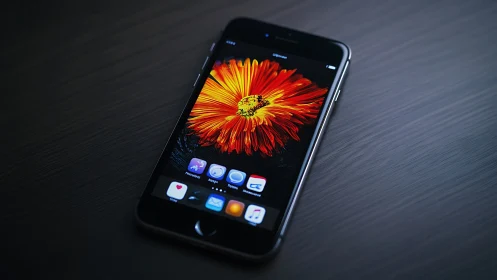 Smartphone Display with Vibrant Red Gerbera Daisy Wallpaper and iOS Interface.