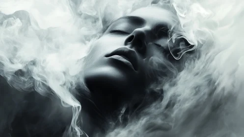 Veiled dreamer rising through swirling silver smoke halo.