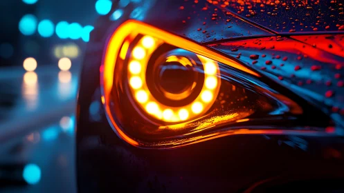 Neon-lit sports car headlight with raindrops and bokeh glow.