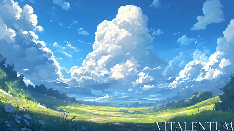 Sunlit meadow stretches beneath towering summer clouds