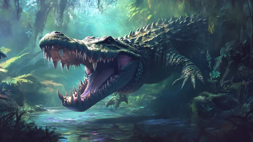 Giant crocodile lunges from misty jungle river water.