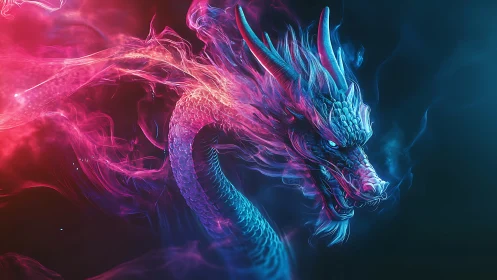 Luminous neon dragon curling through swirling cosmic mist.