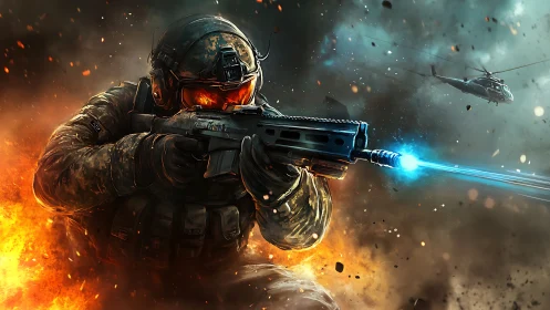 Futuristic soldier charging through battlefield firestorm.