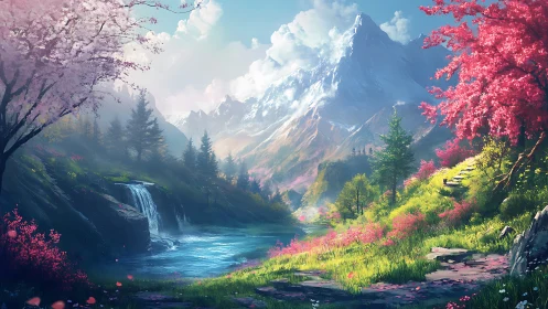 Spring valley waterfall below towering snow peak landscape.