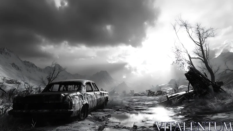Monochrome post-apocalyptic valley with derelict sedan foreground.