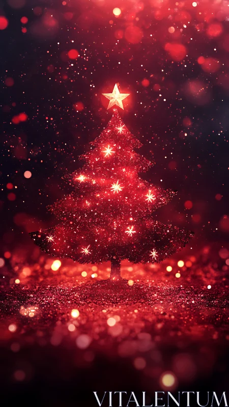 Sparkling red Christmas tree glows with festive magic.