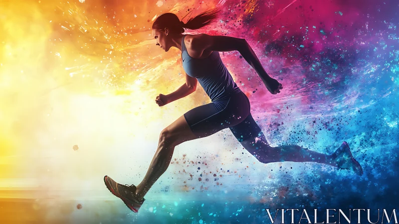 Female runner in profile crosses dual color abstract field