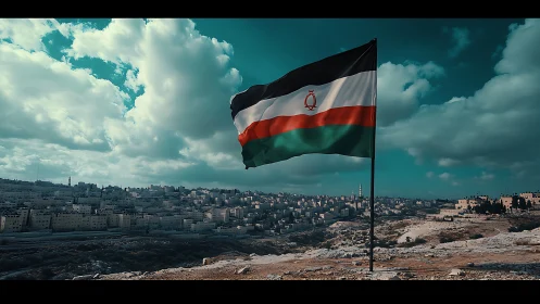 Fictional tricolor flag above expansive desert cityscape.