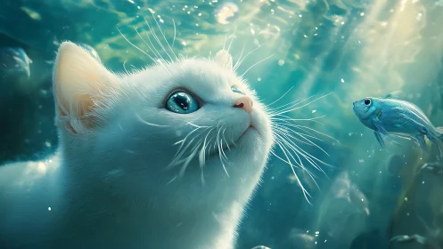 White cat with striking turquoise eyes observes small blue fish underwater.