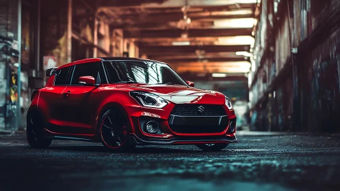 Red tuned hatchback rendered with cinematic shallow depth and bokeh