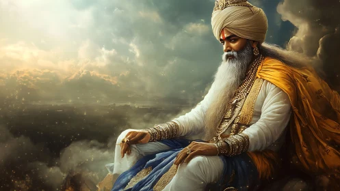 Sky-borne sage-king rests where stormlight crowns silence