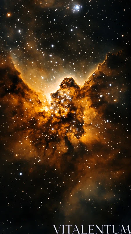 Nebular phoenix rises from golden stardust and shadowed void.